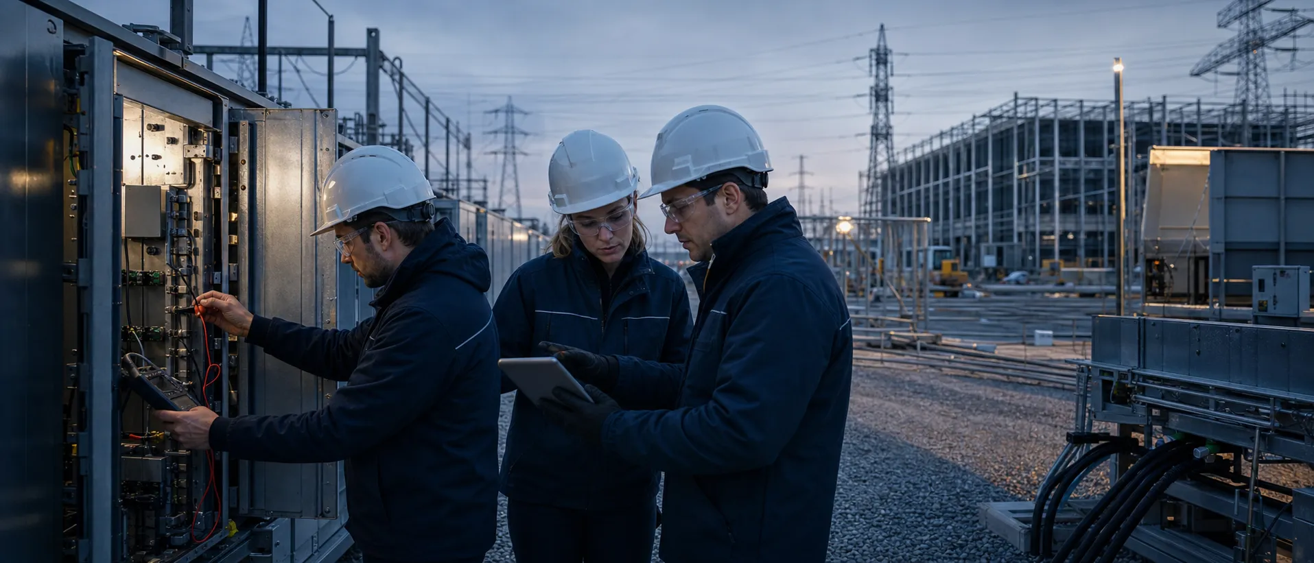 Ingeniører samarbeider ved kontrollpanel på trafostasjon i skumring