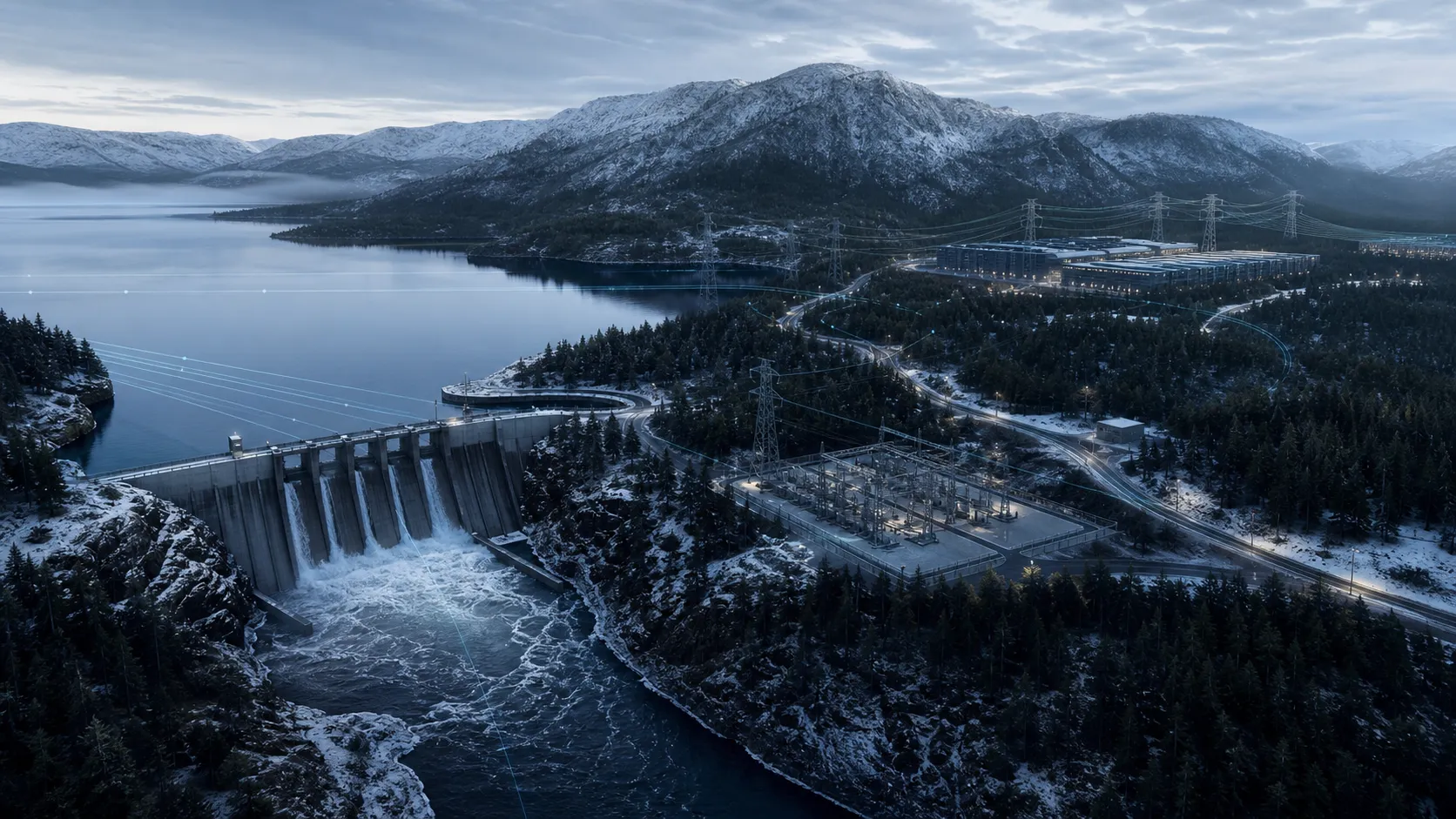 Luftfoto av vannkraftdam, trafostasjon og datasenterkampus i nordisk fjellandskap