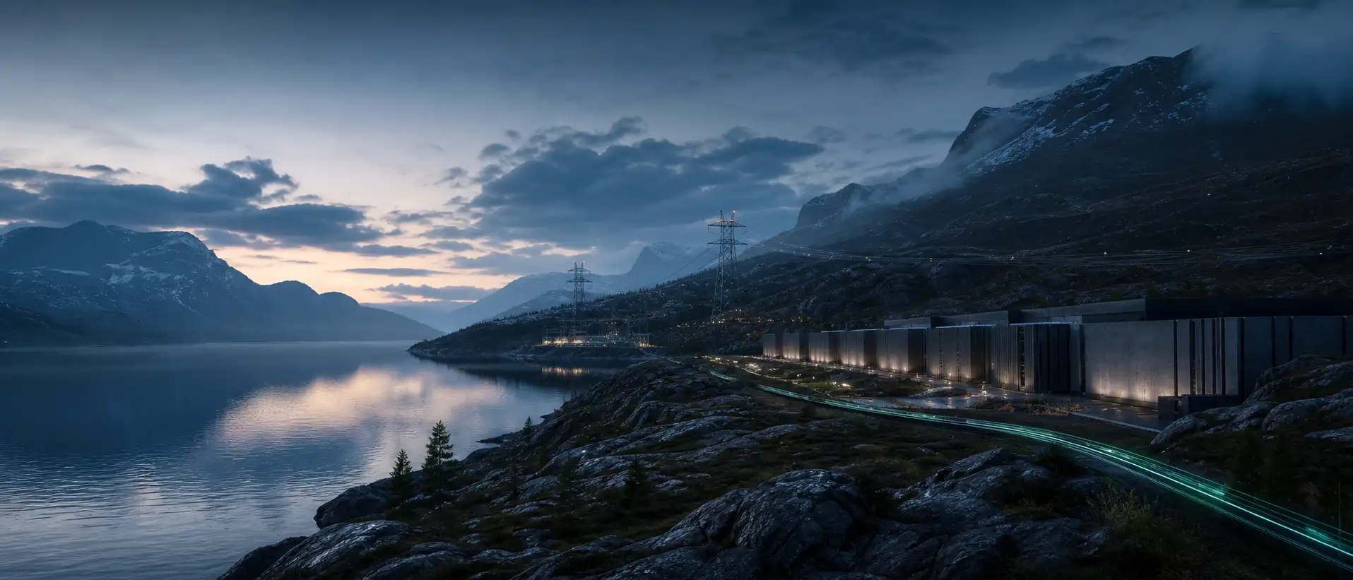 Norsk fjordlandskap i skumring med kraftlinjer og moderne datasenter langs vannet