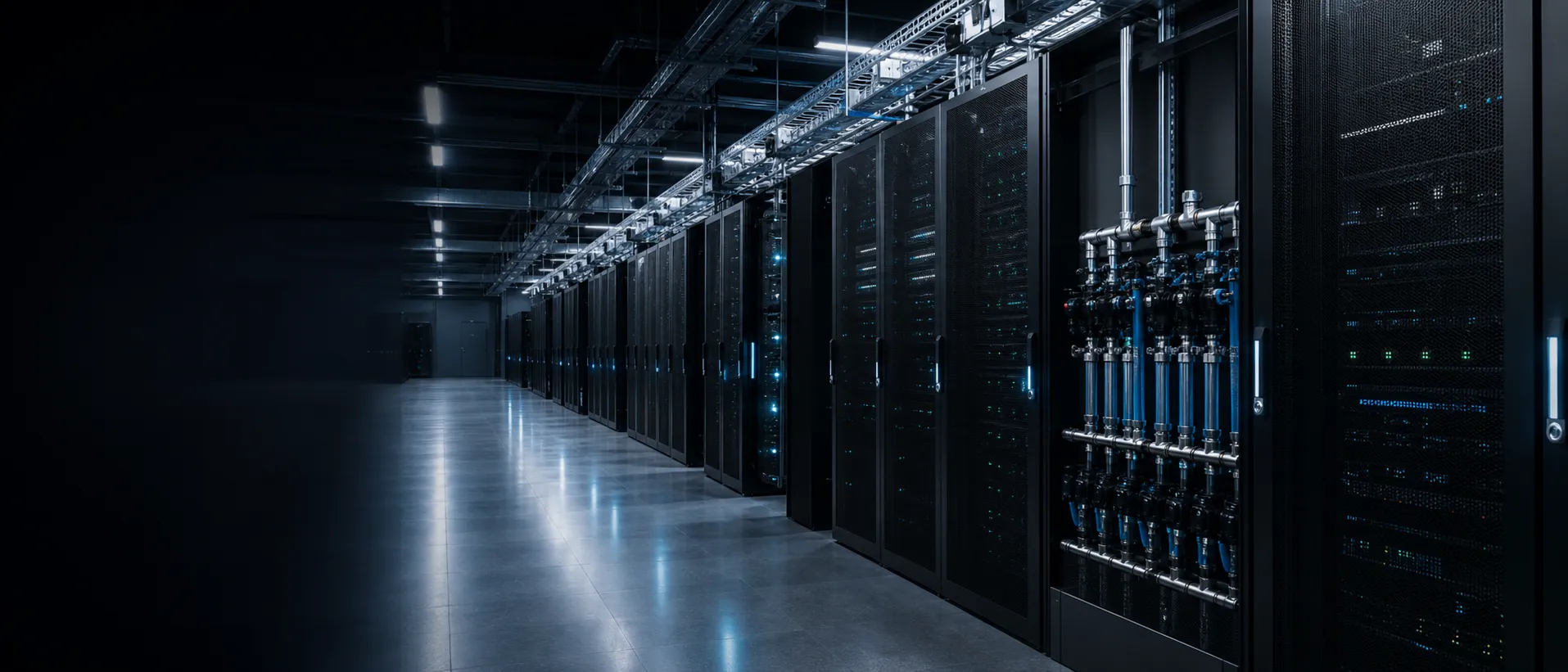 Serverkorridor med opplyste serverrekker