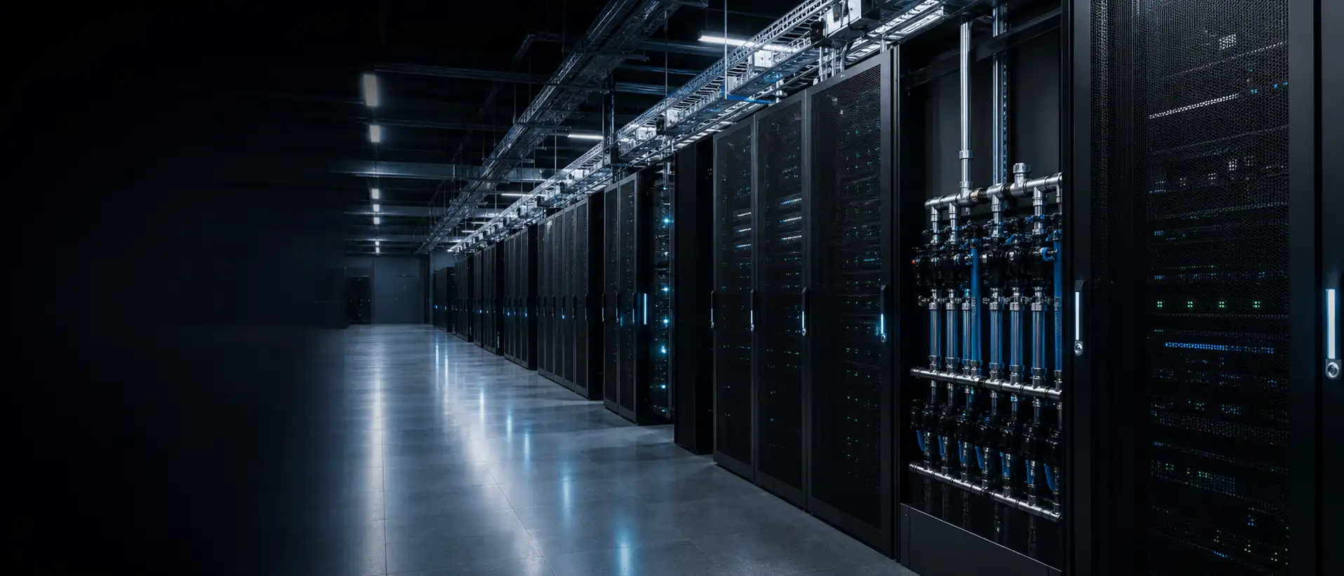 Serverkorridor med opplyste serverrekker i et moderne datasenter