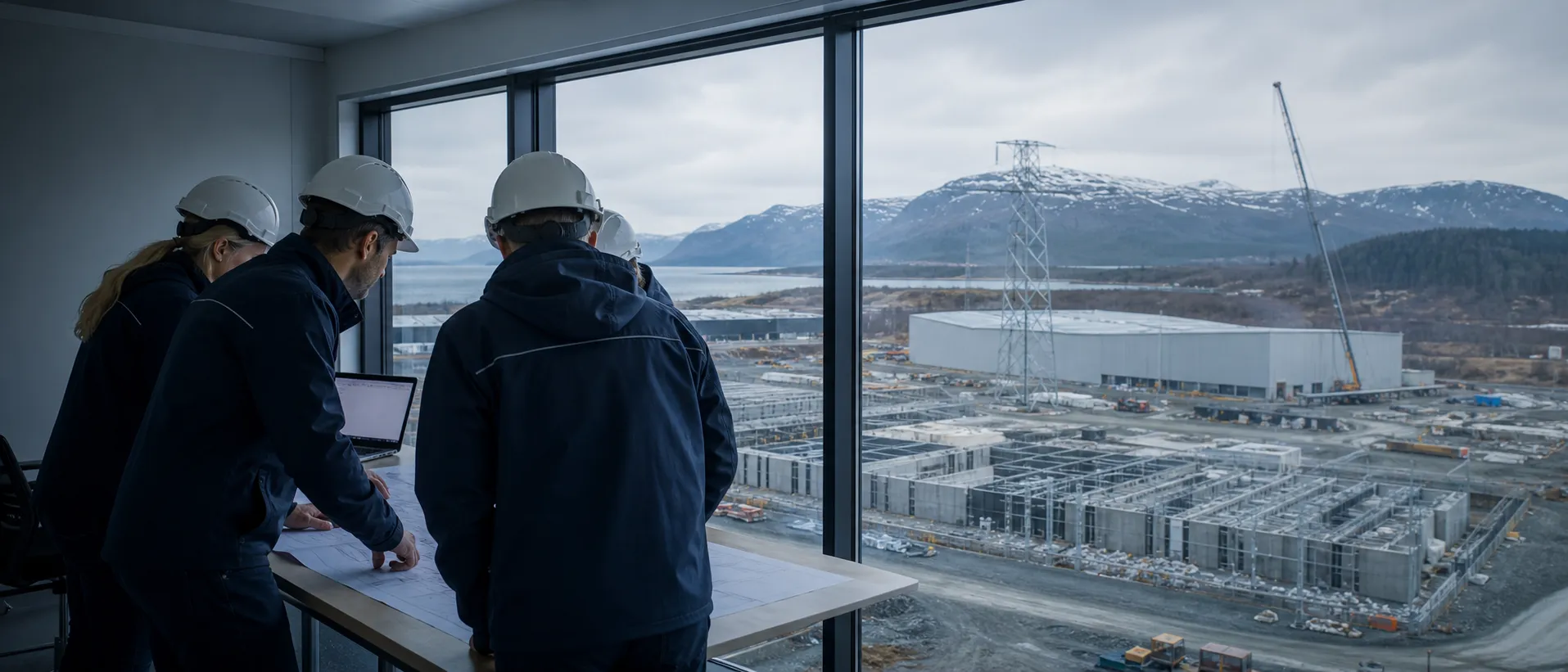 Ingeniører med tegninger ser ut over datasenterbyggeplass ved fjorden